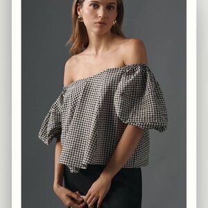 Maeve Black and White Checkered Off-Shoulder Blouse